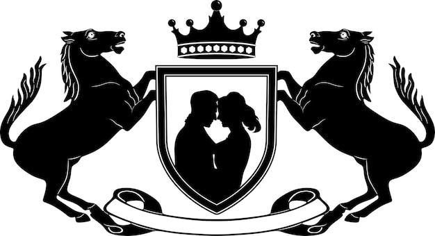 Logotipo de matrimonio hombre y mujer enamorados diseño negro con marco vintage y animales de caballo