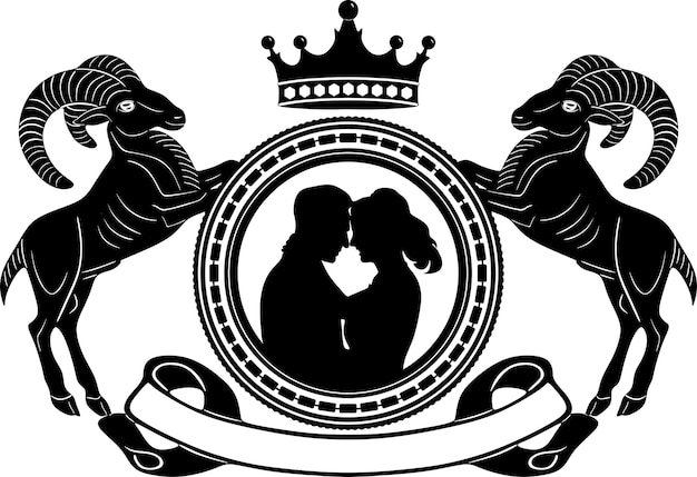 Logotipo de matrimonio hombre y mujer enamorados diseño negro con marco vintage y animales de cabra