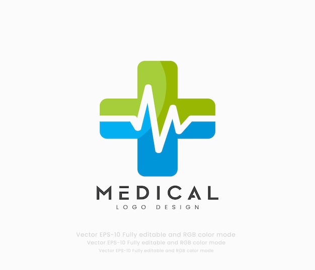 Vector logotipo médico con corazón y cruz.