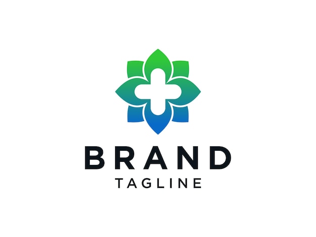 Logotipo médico sanitario. Combinación de iconos de cruz y hoja.