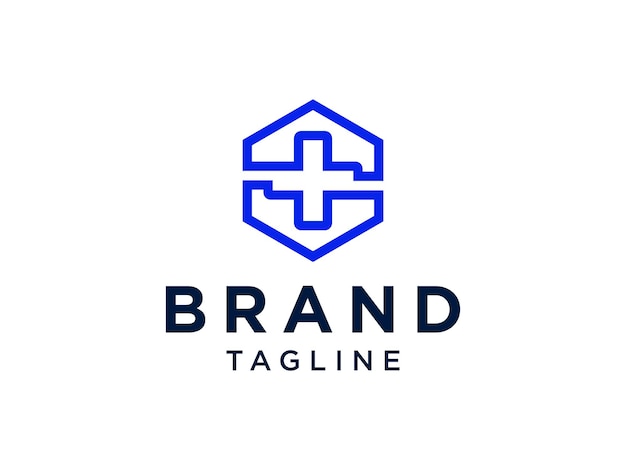 Logotipo médico sanitario. Línea cuadrada azul con icono de salud de signo cruzado geométrico en el interior.