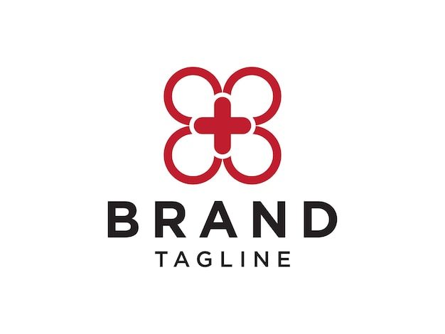 Logotipo médico sanitario. Símbolo de flor abstracta redondeada de línea roja con signo de cruz en el interior.