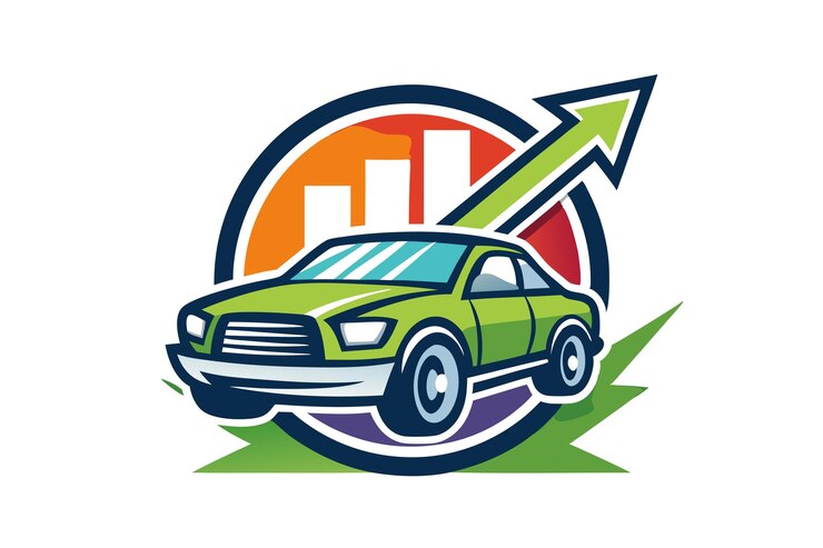 Logotipo del mercado de ventas de automóviles con automóviles en la flecha de crecimiento que apunta hacia arriba