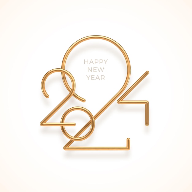 Logotipo de metal dorado realista del año nuevo de 2024 en fondo blanco tarjeta de felicitación de año nuevo