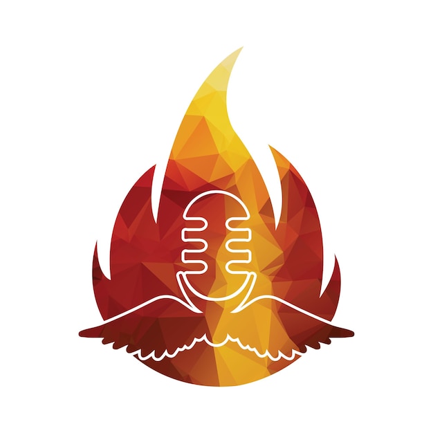 Logotipo de micrófono de alas de podcast con ilustración de vector de forma de fuego