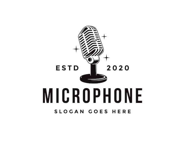 Logotipo de micrófono de soporte antiguo, plantilla de icono de logotipo de podcasting