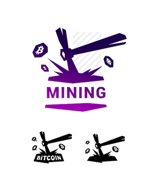 Logotipo de minería bitcoin minería piqueta de metal que extrae moneda criptográfica