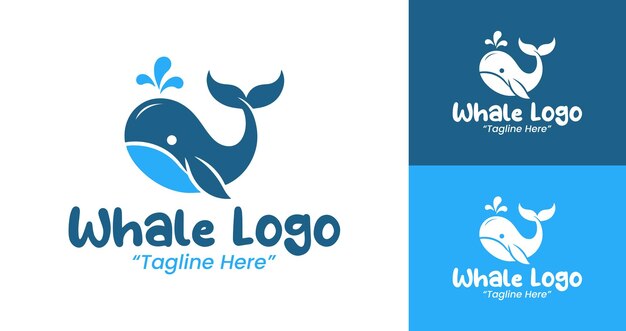 Logotipo minimalista de ballena en azul y blanco para soluciones empresariales y marca digital