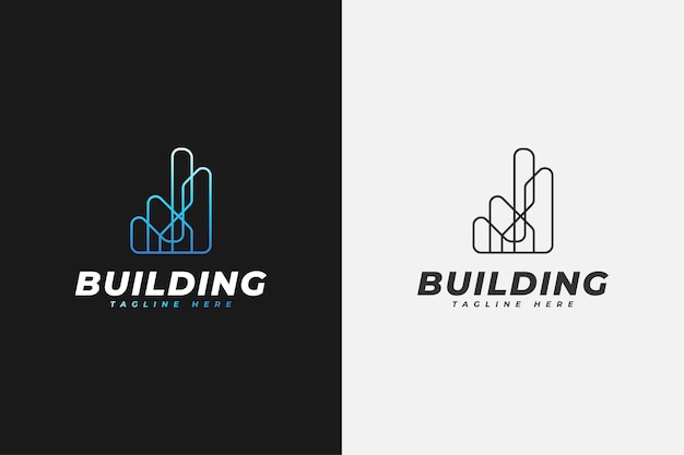 Logotipo minimalista de bienes raíces en degradado azul con estilo de línea. Plantilla de diseño de logotipo de construcción, arquitectura o edificio