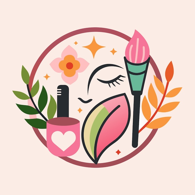Un logotipo minimalista con un rostro de mujer y varios productos de maquillaje Un logotipo minimista para una marca de maquilaje lúdico con una ilustración caprichosa dibujada a mano