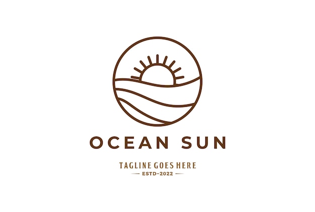 Logotipo minimalista simple del monograma de la línea del amanecer del sol de la playa del mar del océano