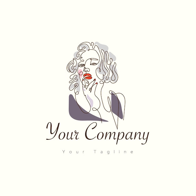 Logotipo mínimo de mujer hermosa y diseño de hojas en un elegante logotipo de estilo de arte de línea