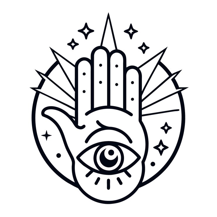 Vector logotipo místico con el símbolo mágico de la mano, el ojo y las estrellas en un estilo de línea simple