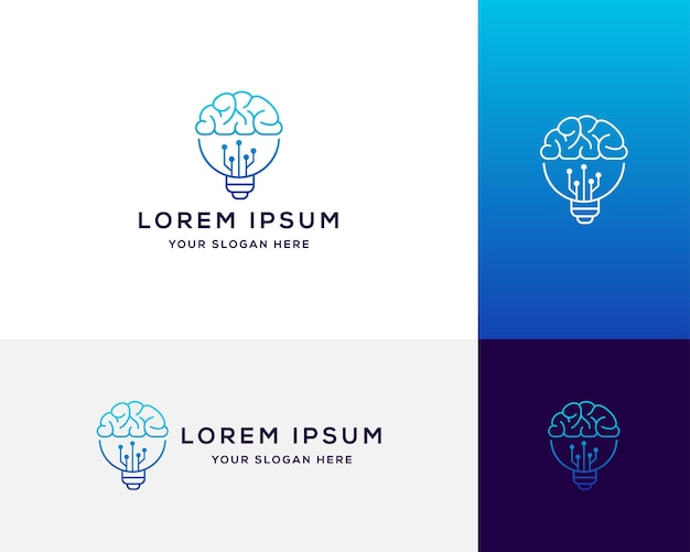 Logotipo con la mitad de la bombilla y el cerebro Imagen vectorial del logotipo Premium