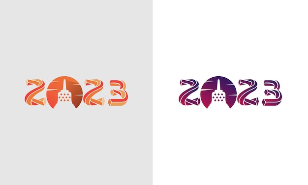 Logotipo moderno de año nuevo 2023 con templo de borobudur