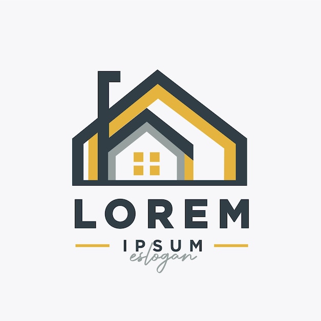 Logotipo moderno de bienes raíces con una casa estilizada con un elegante diseño geométrico en amarillo y gris