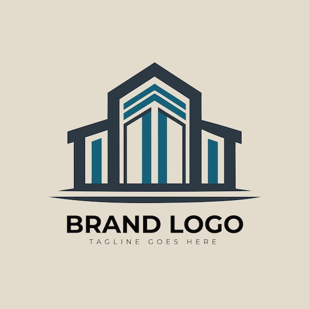 Logotipo moderno de bienes raíces con edificio abstracto y sol