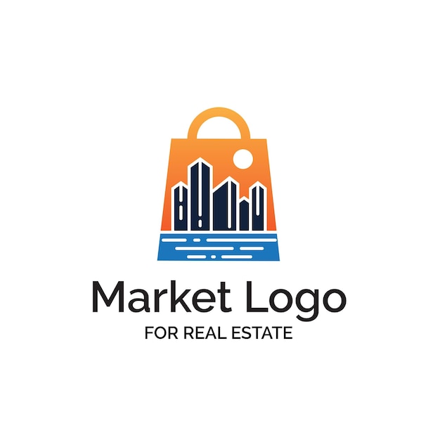 Logotipo moderno de bolsa de compras con paisaje urbano al atardecer e ilustración de playa