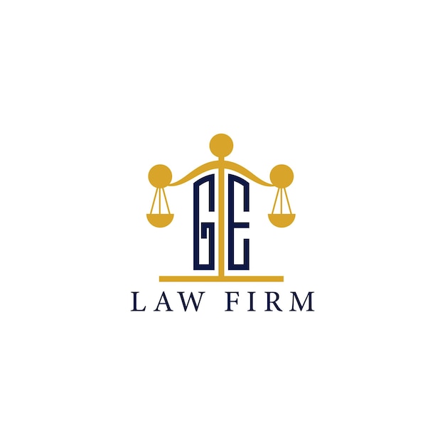 El logotipo moderno del bufete de abogados GE con la balanza de la justicia