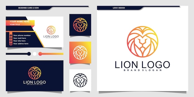 Logotipo moderno de cabeza de león con color degradado verde y diseño de tarjeta de visita Vector premium