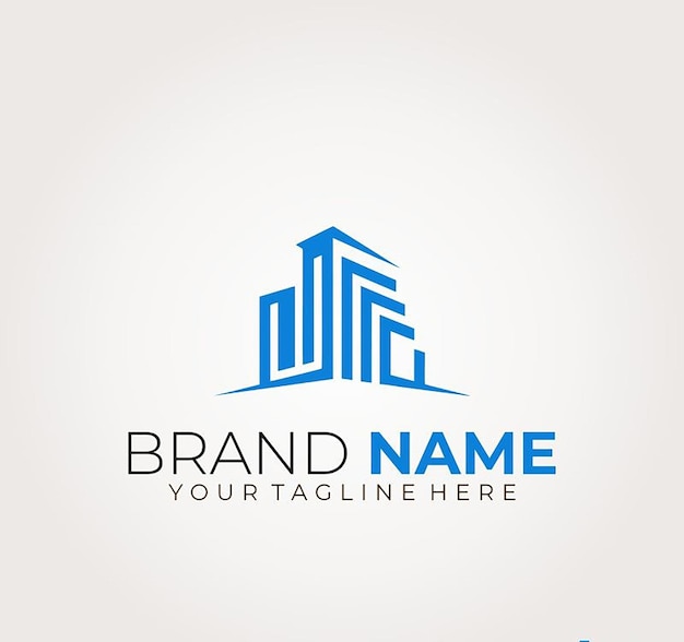 El logotipo moderno del edificio azul para bienes raíces y construcción