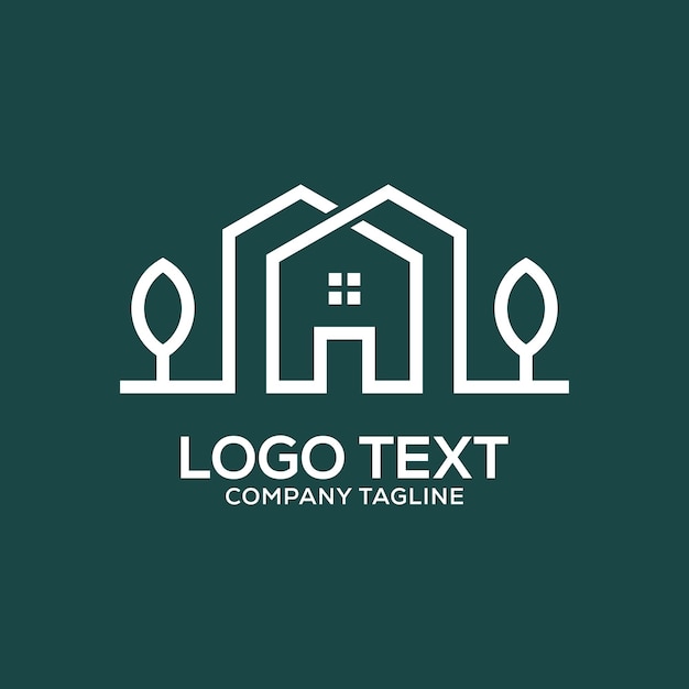 Logotipo moderno minimalista de bienes raíces con casa y árboles
