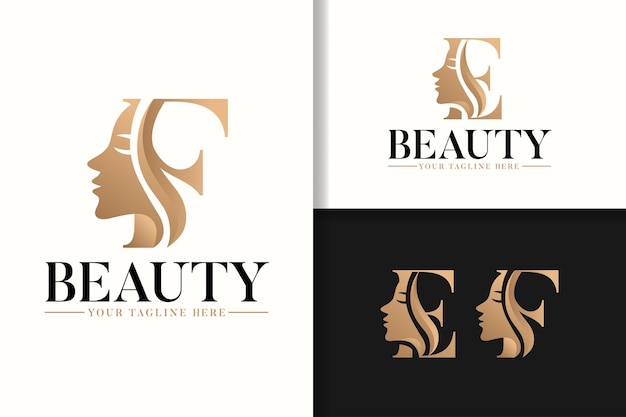 Logotipo de monograma femenino con silueta de mujer letra e y f