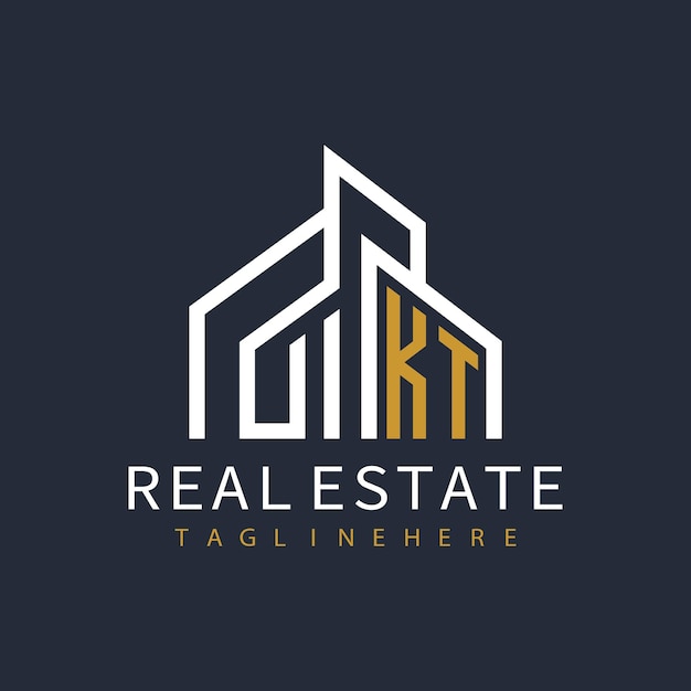 Logotipo de monograma inicial de KT para bienes raíces con diseño creativo de forma de casa