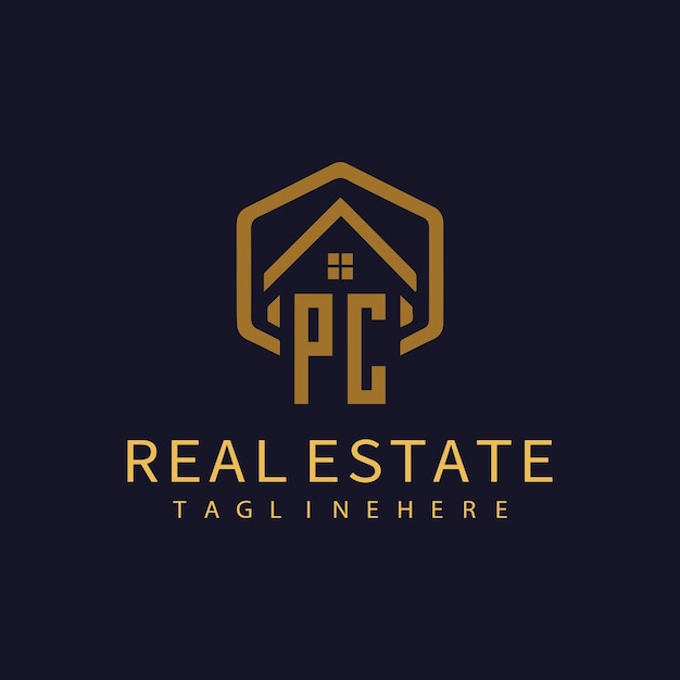 Logotipo de monograma inicial de PC para bienes raíces con diseño creativo de forma de hogar