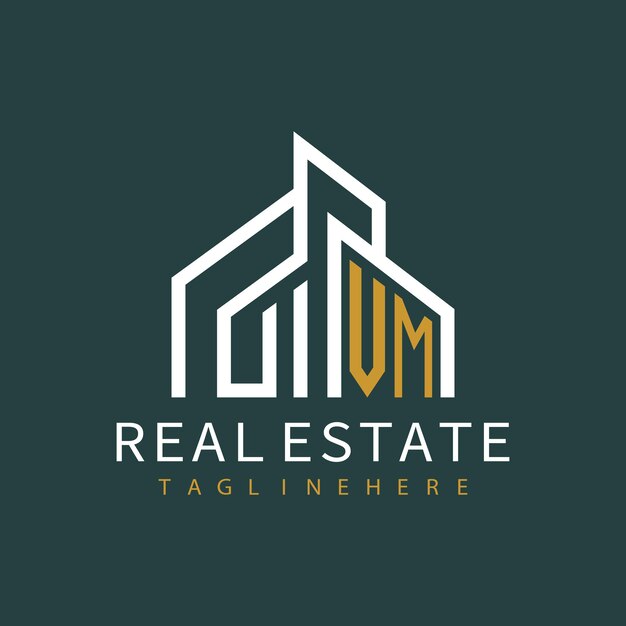 Logotipo de monograma inicial de VM para bienes raíces con diseño creativo de forma de hogar