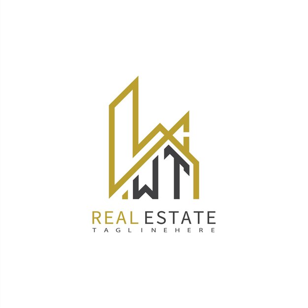 Logotipo de monograma inicial de WT para bienes raíces Con diseño creativo de la forma del edificio y la casa