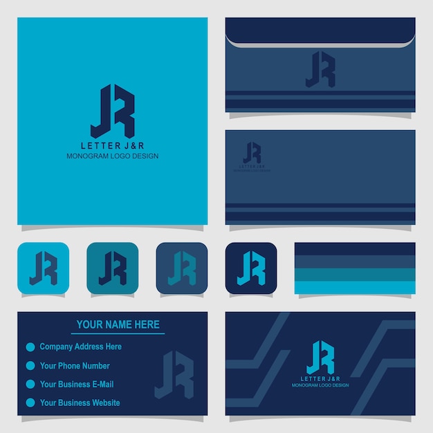 Logotipo de monograma de letra J y R con tarjeta de visita y plantilla de sobre