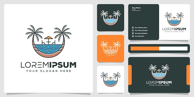 logotipo monoline de playa abstracto con plantilla de tarjeta de visita