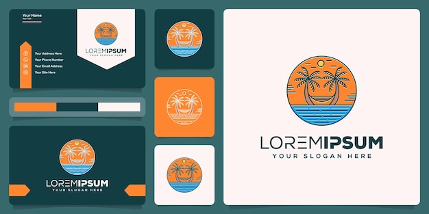 logotipo monoline de playa abstracto con plantilla de tarjeta de visita