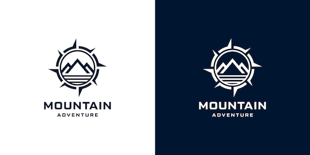 Vector logotipo de montaña y brújula con ilustración vectorial del símbolo del mar