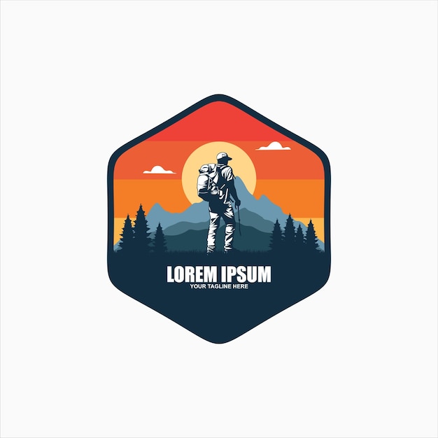 Logotipo de montaña, camping y senderismo, diseño de emblema, vida de aventura.
