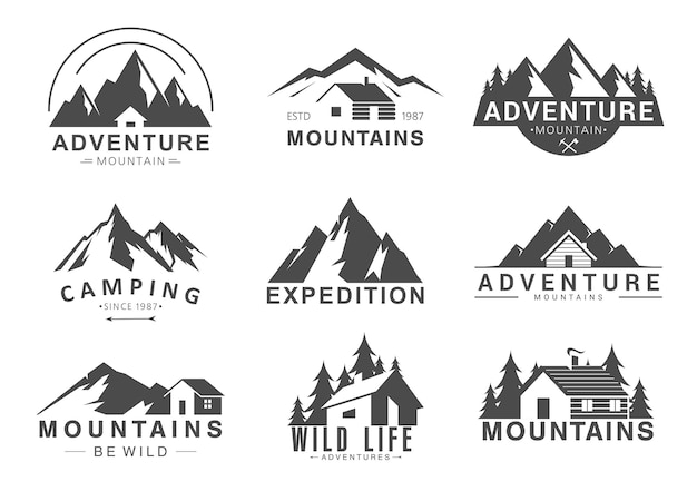 Logotipo de montaña. camping turismo aventura al aire libre, picos de montañas rocosas, vida en el desierto