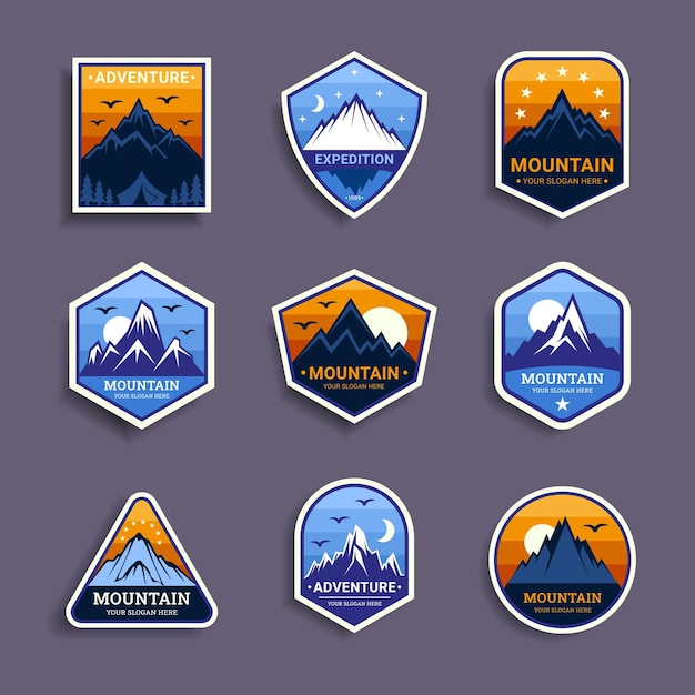 Logotipo de montaña Emblema de viaje Campamento logotipo colorido insignia de senderismo pegatinas para turismo al aire libre etiqueta del parque explorar la naturaleza Alpinismo extremo paisaje de vida silvestre conjunto de diseño vectorial