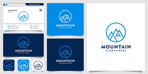 Logotipo de montaña con estilo de arte lineal y plantilla de diseño de tarjeta de visita, montaña, arte lineal, icono