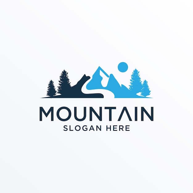 Logotipo de montaña minimalista de Landscape Hills con árboles y plantilla de vector de carretera