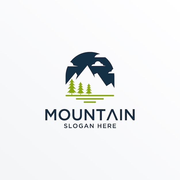 Logotipo de montaña minimalista de Landscape Hills con árboles y plantilla de vector de río