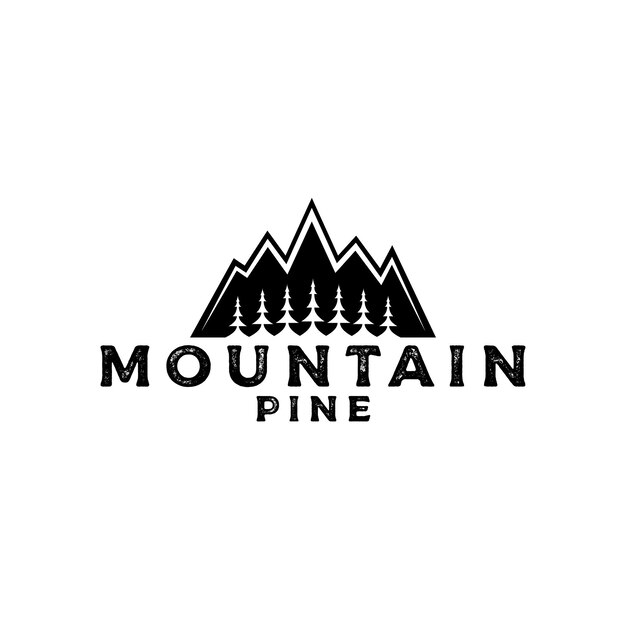 Logotipo de montaña con pinos, cedros, plantilla de diseño de logotipo de aventura al aire libre