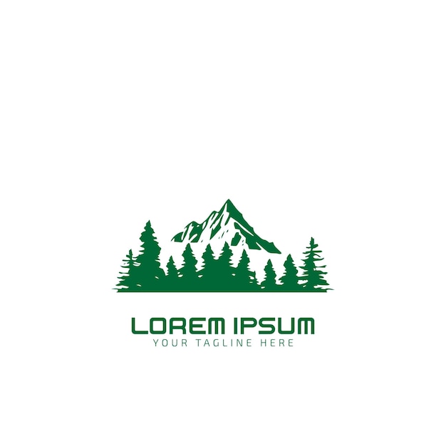 Logotipo de montaña con plantilla de diseño de icono de ilustración de vector de pino verde sobre fondo blanco