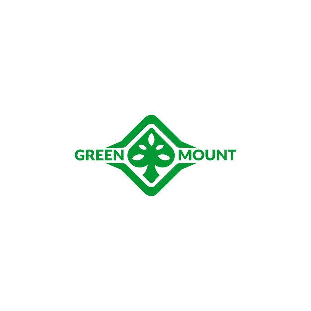 Logotipo de montaña verde con elementos abstractos de hojas o árboles