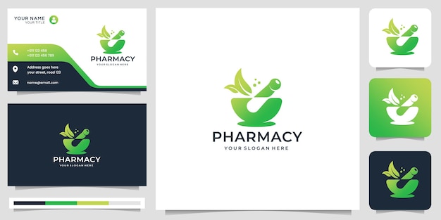 Logotipo de mortero moderno creativo y maja con diseño de color verde de farmacia de medicina herbaria de hoja.