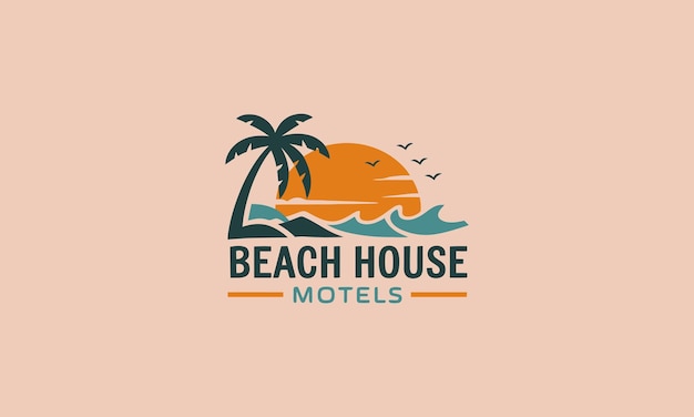 Logotipo de motel de playa con olas al atardecer y palmera
