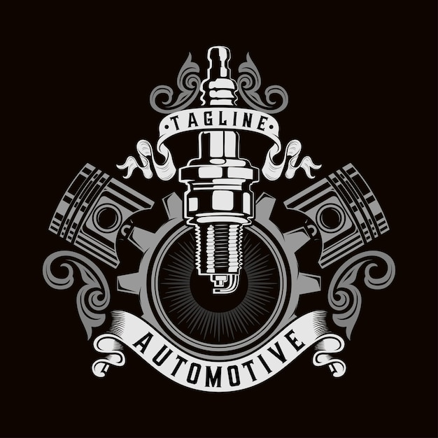 El logotipo de la motocicleta vintage, la bujía de encendido, la cinta y la etiqueta del pistón, el emblema del club de motocicletas.