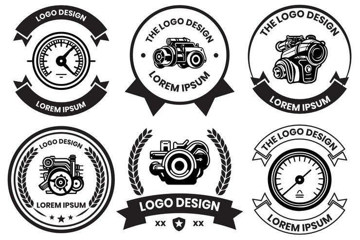 Vector logotipo del motor para maquinaria en estilo artístico de línea plana aislado en el fondo