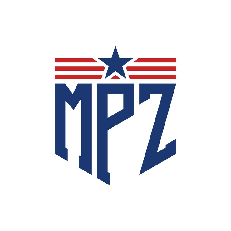 Vector logotipo mpz patriótico con estrella y correas de bandera estadounidense letrero mpz logotipo con bandera de los estados unidos