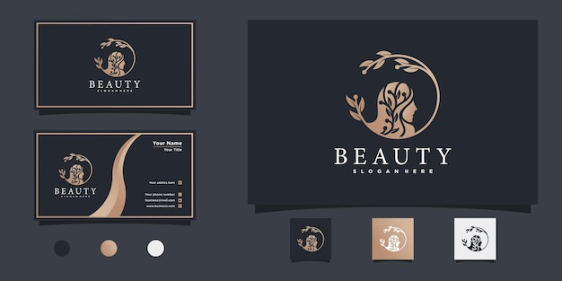 Logotipo de mujer de belleza con concepto de arte de línea de flor de color degradado moderno y fresco para salón de belleza Vector Premium